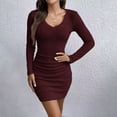 thumbnail image 2 of VEKDONE Women's Sweater Dress Ribbed Knit Long Sleeve Cute V Neck Bodycon Mini Sweaters Dresses Solid Color Slim Fit Jumper Dress Wine XL, 2 of 6