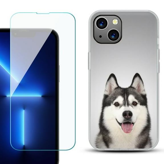 Slim-Fit Gel TPU Phone Case for iPhone 14, with Tempered Glass Screen Protector, by OneToughShield ® - Husky Face