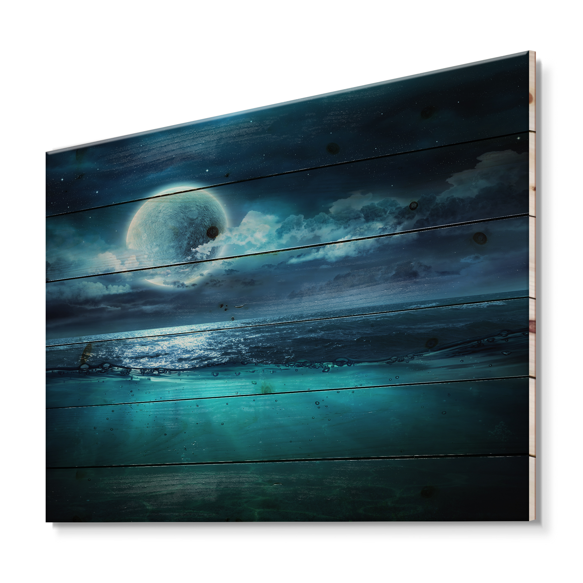 Designart 'Romantic Moon and Clouds Over Deep Blue Sea II' Nautical & Coastal Print on Natural Pine Wood