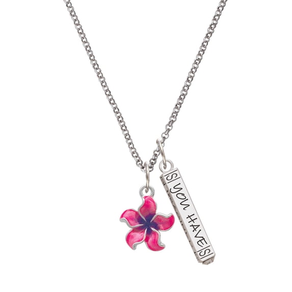 Delight Jewelry Silvertone Hot Pink and Purple Plumeria Flower Silvertone Live the Life You Have Imagined Bar Charm Necklace, 23"