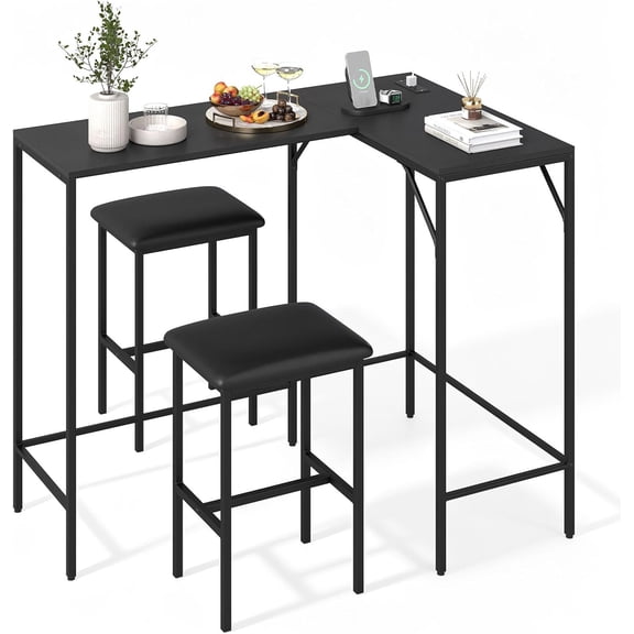 MUERE L-Shaped Bar Table and Chairs Set, Convertible Kitchen Table and 2 Padded Stools with Power Outlets, 3-Piece Counter Height Dining Set for Breakfast Nook Corner, Small Space, Black