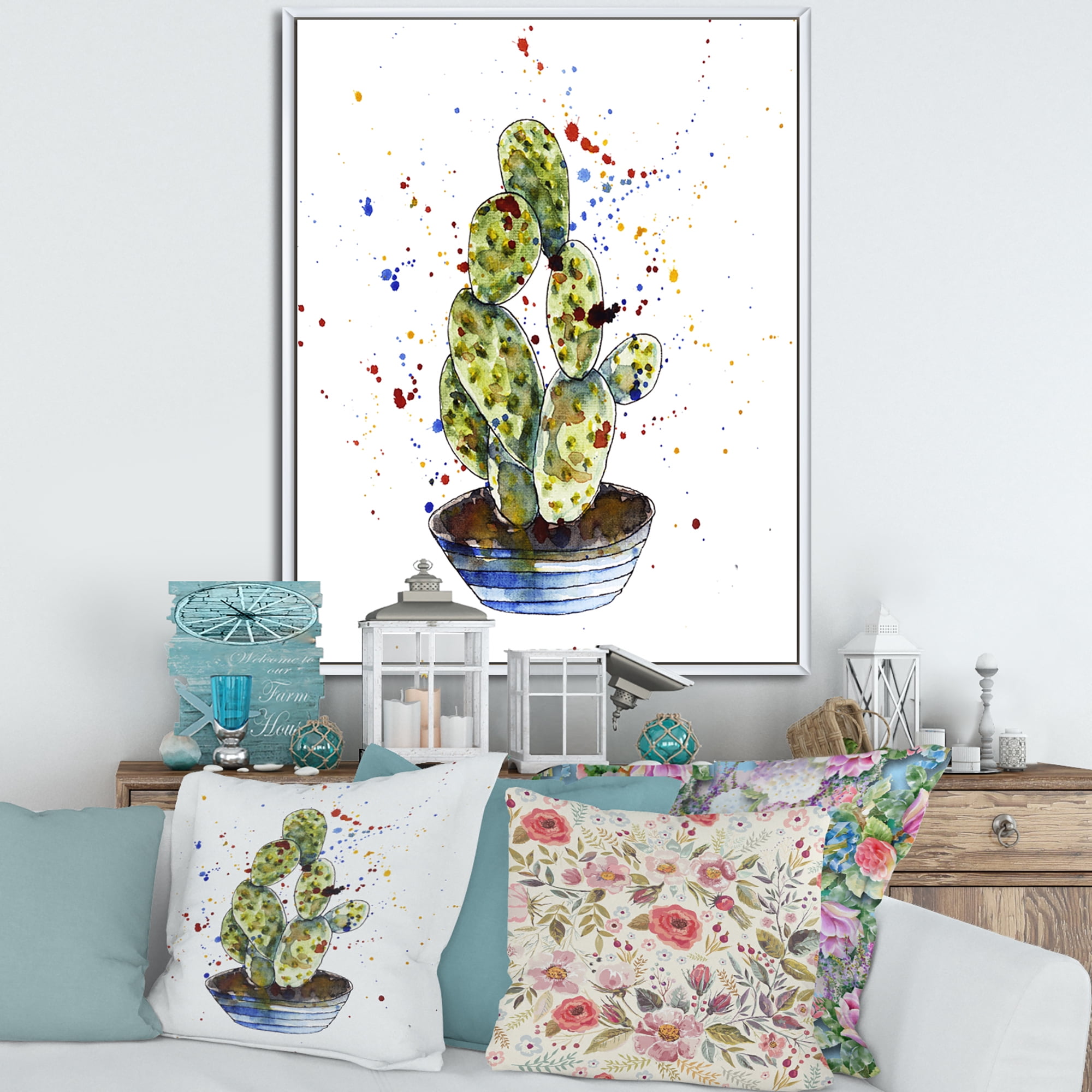 Designart 'Abstract Cactus Houseplant' Traditional Framed Canvas Wall Art Print