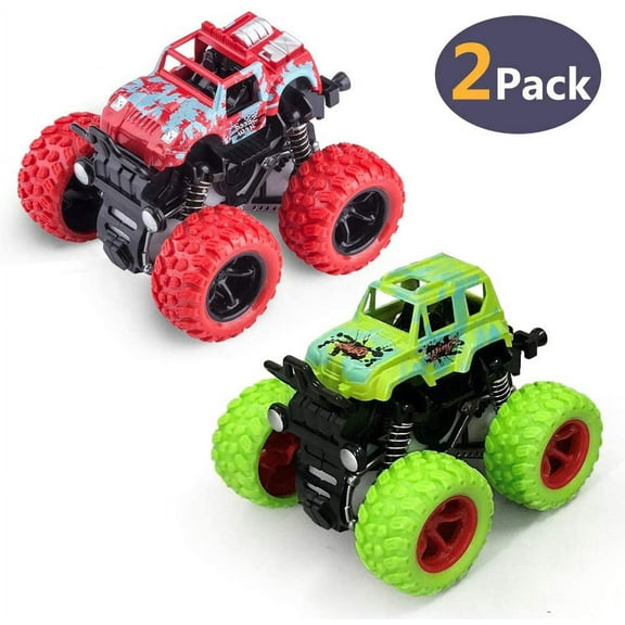 2 Pack Monster Trucks Toys for Boys,Pull Back Cars,Friction Powered Toys Cars for Toddlers as Gifts for 3-12 Years Old Boys & Girls (Red and Green)