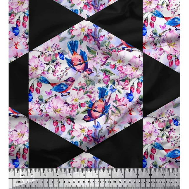 Soimoi Polyester Crepe Fabric Leaves,Bird & Floral Patchwork Print Fabric by The Yard 52 Inch Wide