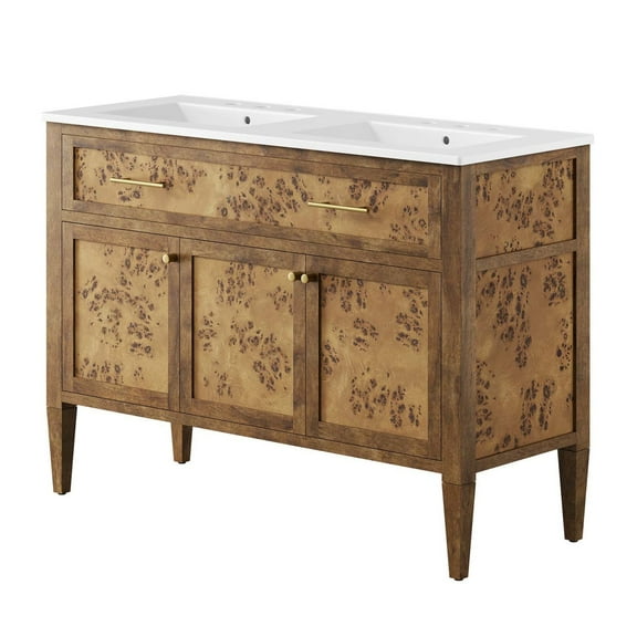 Double Sink Vanity Cabinet, White Brown, Wood, Hotel Bedroom Bathroom, Modern Contemporary HB36049