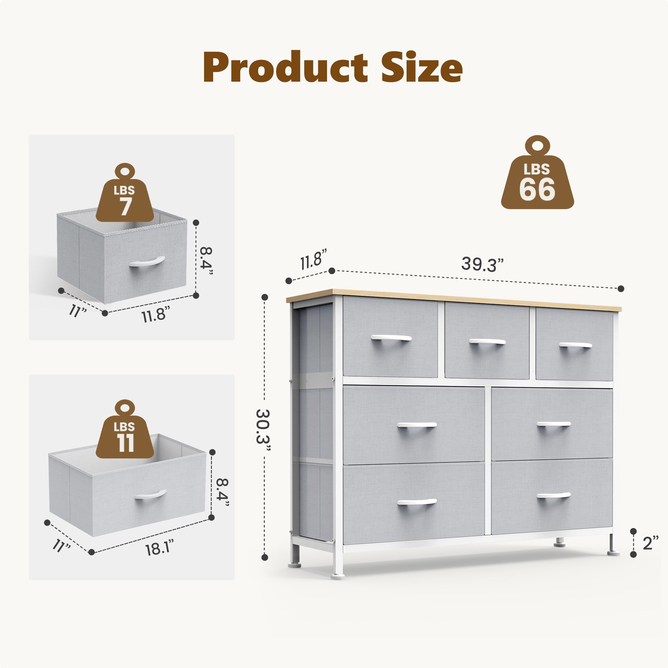 CONCETTA 7-Drawer Fabric Dresser Storage Chest for Bedroom, Closet, Storage Furniture for Adults, Light Gray