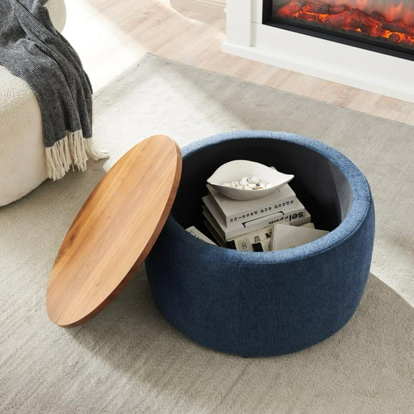 Round Storage Ottoman, 2 in 1 Function, Work as End Table and Ottoman, Natural (25.5"x25.5"x14.5") (Navy)
