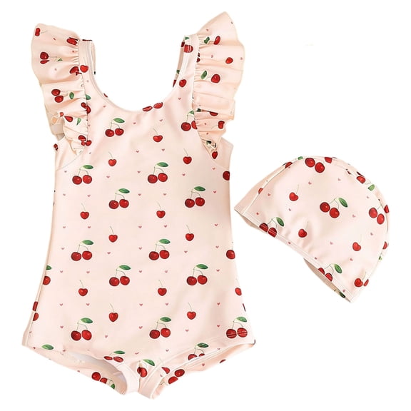 BOOMNY Toddler Baby Girls One Peice Swimsuits Sleeveless Bathing Suit With Hat Bowknot Graphic Lightweight Summer Vacation Beach Swimwear
