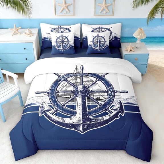 Manfei Vintage Blue Rudder Anchor Sailboat Bedding Comforter Set for Kids Boys and Girls, Nautical Print Full Bedding Set, Navy Reversible 7pcs