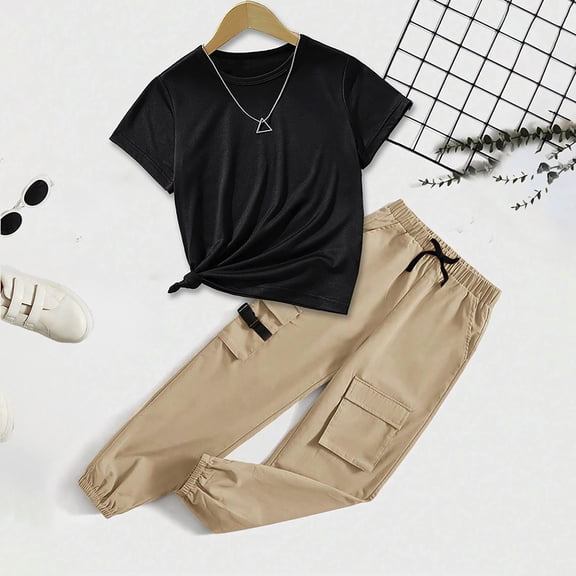 RTKFRFLM Girls 2-Piece Fashion Set Solid Color Short Sleeve Top & Cargo Pants Suit Khaki 7-8 Years