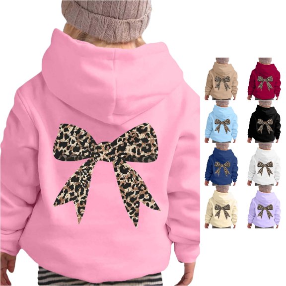 Vividxx Hoodies For Girls Bow Print Long Sleeve Hooded Sweatshirt Kids Cute Pullovers Top Fashion Clothing 12-13 Years