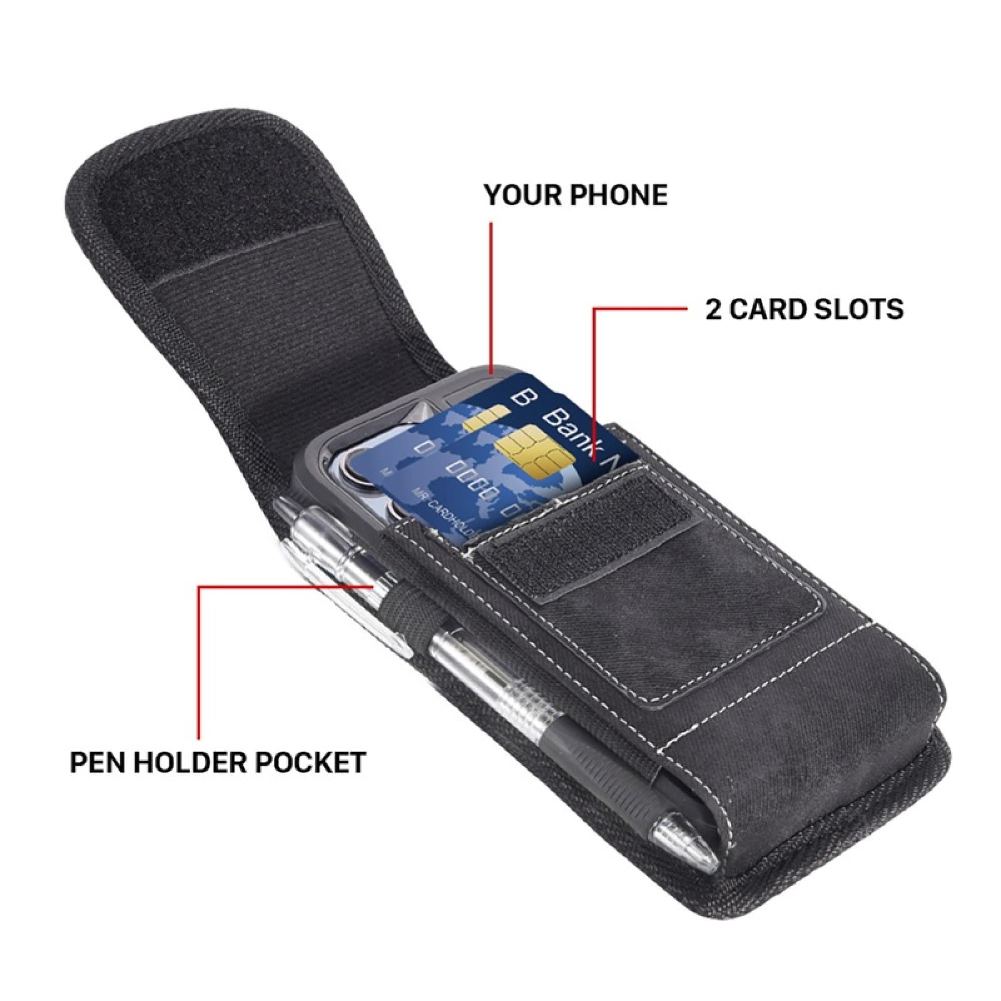 Large Horizontal Universal Phone Pouch – Black Denim Fabric with Belt Clip – Fits Devices Up to 6.3"​