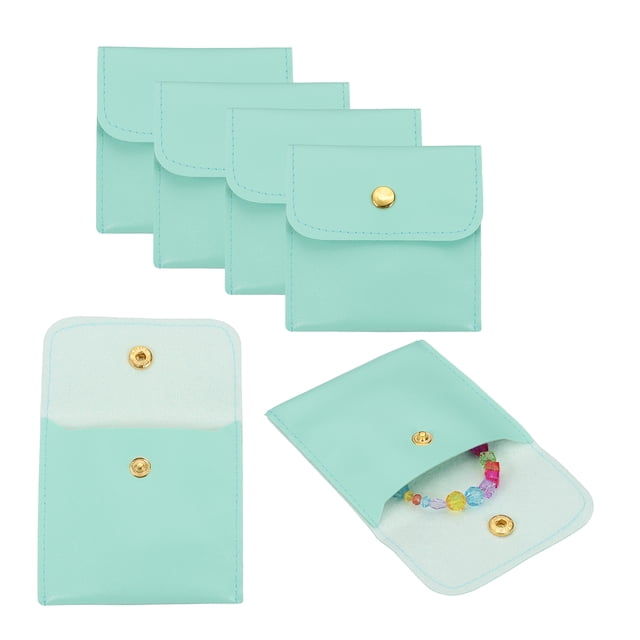 Bolsa de joyería de cuero PU Uxcell, 6 piezas 8 x 8 cm - Estuche de joyería con botón a presión, bolsa de viaje pequeña cuadrada para empaquetar aretes, anillos, collares (Verde menta)
