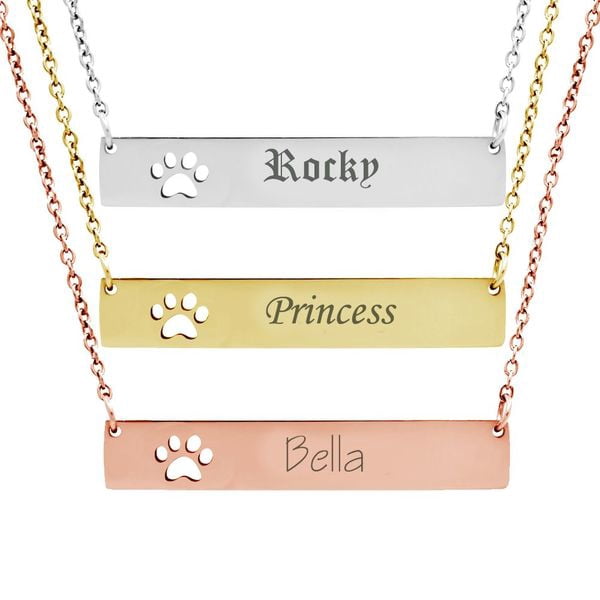 Personalized Gold Paw Print Bar Necklace Birthday Day Gift for Mom Stainless Steel Name Jewelry