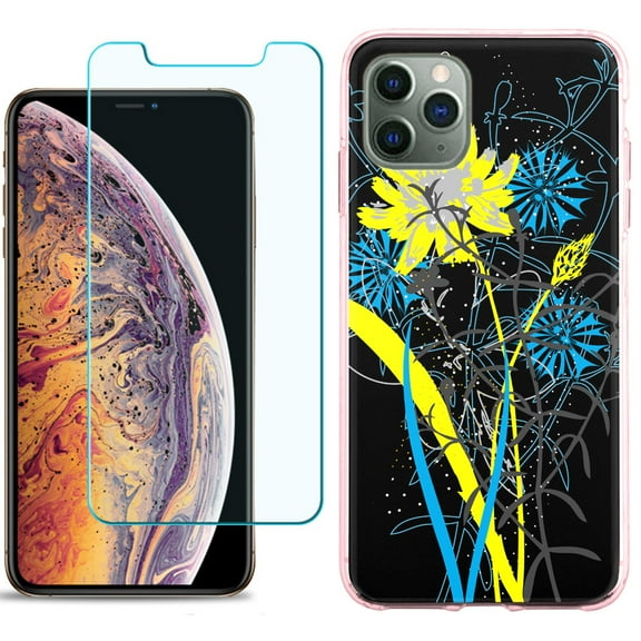 For Apple iPhone 11 PRO Case, Slim-Fit TPU Protective Phone Case (Pink Bezel) with Tempered Glass Screen Protector, by OneToughShield ® - Wild Flowers