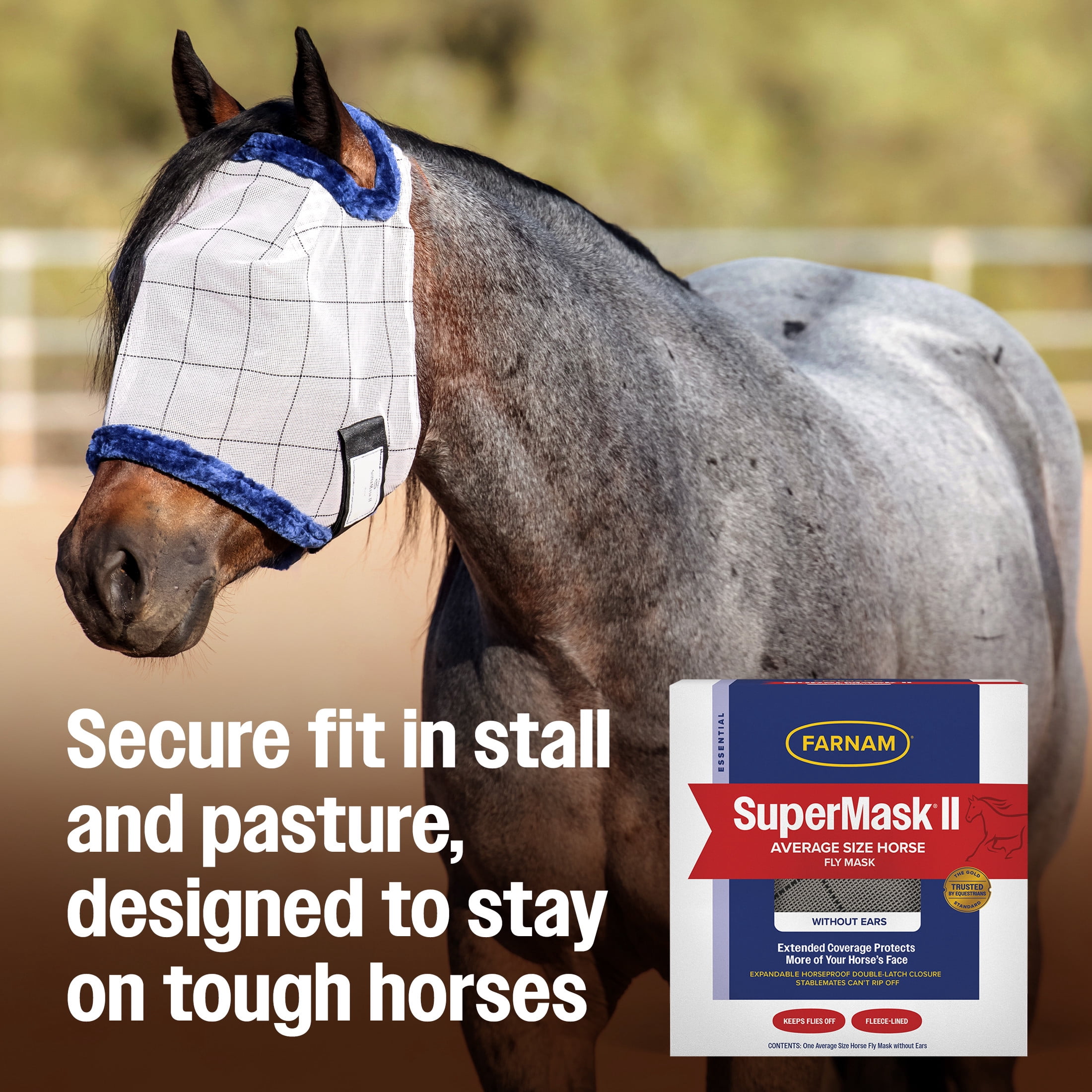 (3 pack) Farnam SuperMask II Horse Fly Mask Without Ears, Protects Eyes from Flies, Debris & UV, Average Size