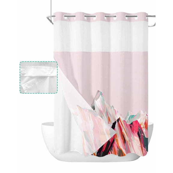 No Hook Shower Curtain with Snap in Liner, Abstract Pink Mountain Colored Drawing Oil Painting Hotel Shower Curtains for Bathroom, Washable Shower Curtain Liner Set with Mesh Top Window, 60"x72"