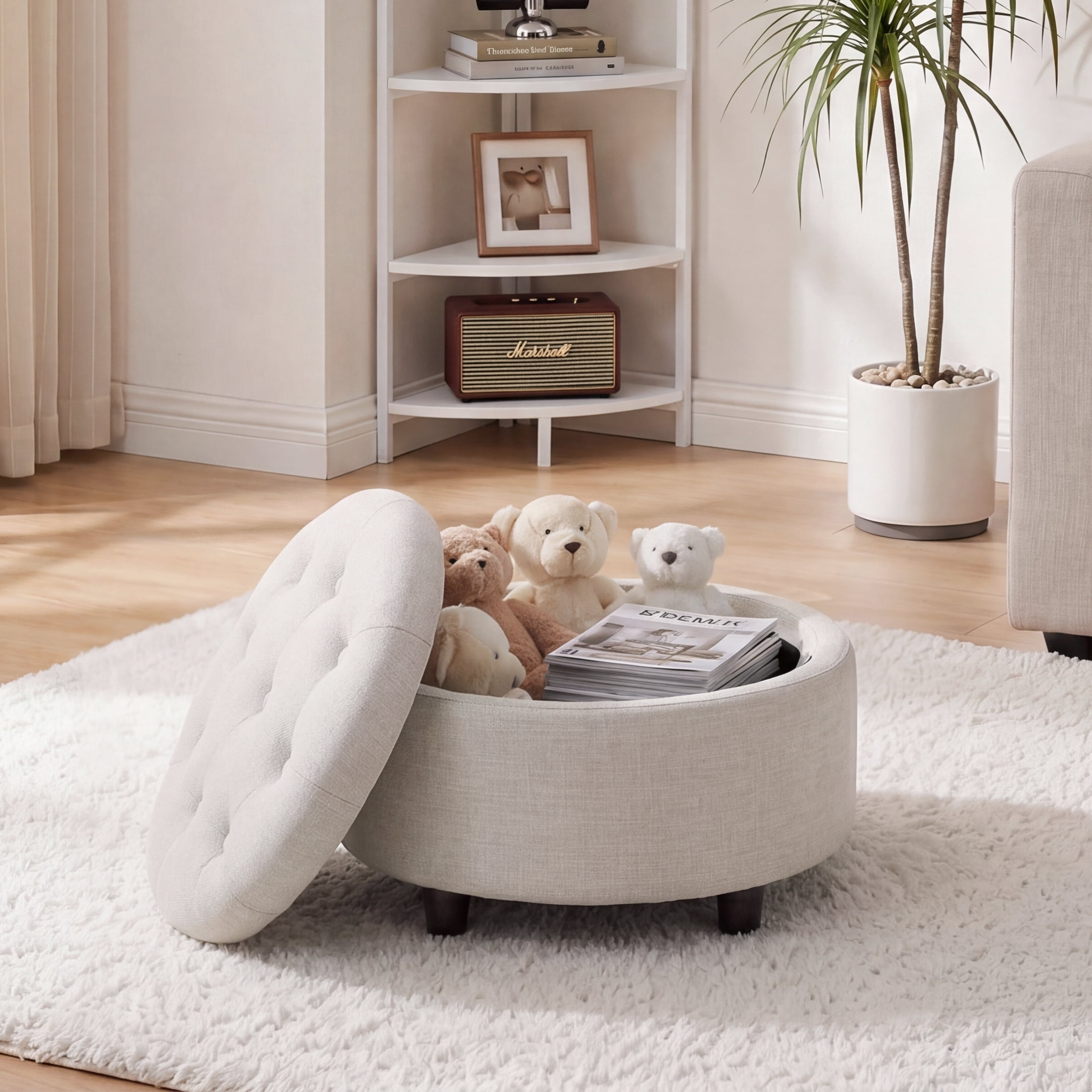 Beige Round Ottoman with Storage and Reversible Tray, Upholstered Fabric Footrest Coffee Table for Living Room, Bedroom, Entryway-25 Inch