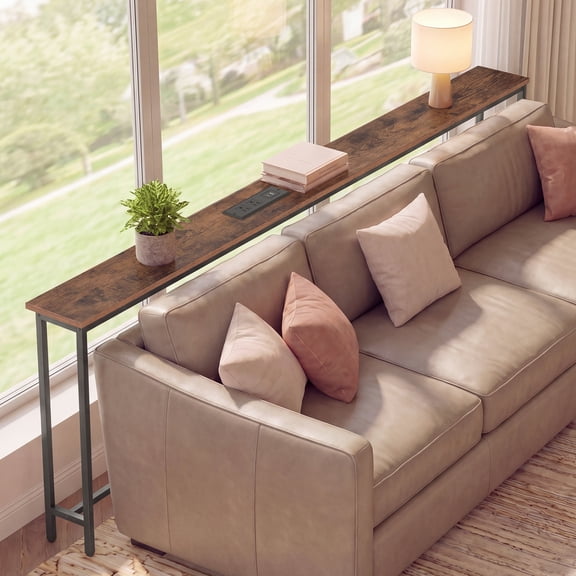 LEDREM Console Table with Power Outlet, Slim Behind Couch Table, for Entryway, Rustic Brown and Matte Black