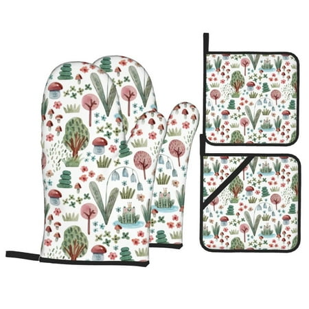

Oven Mitts and Pot Holders 4 Piece Frog and Forest Plants High Heat Slip Resistant Oven Mitt and Trivets Set Kitchen Oven Glove Pot Holders for Cooking Baking Grilling