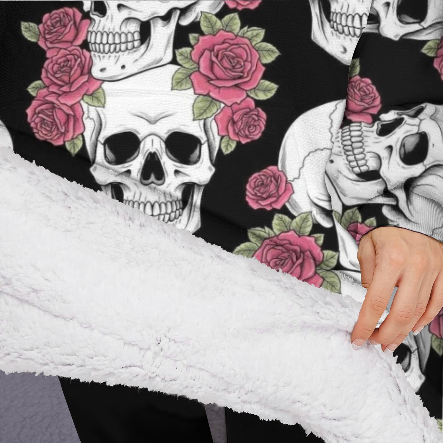 Oversized Wearable Blanket Hoodie,Black Skull Rose Pattern Sherpa Blanket Hoodie with Super Pockets,Super Warm Fuzzy Pullover for Women & Men