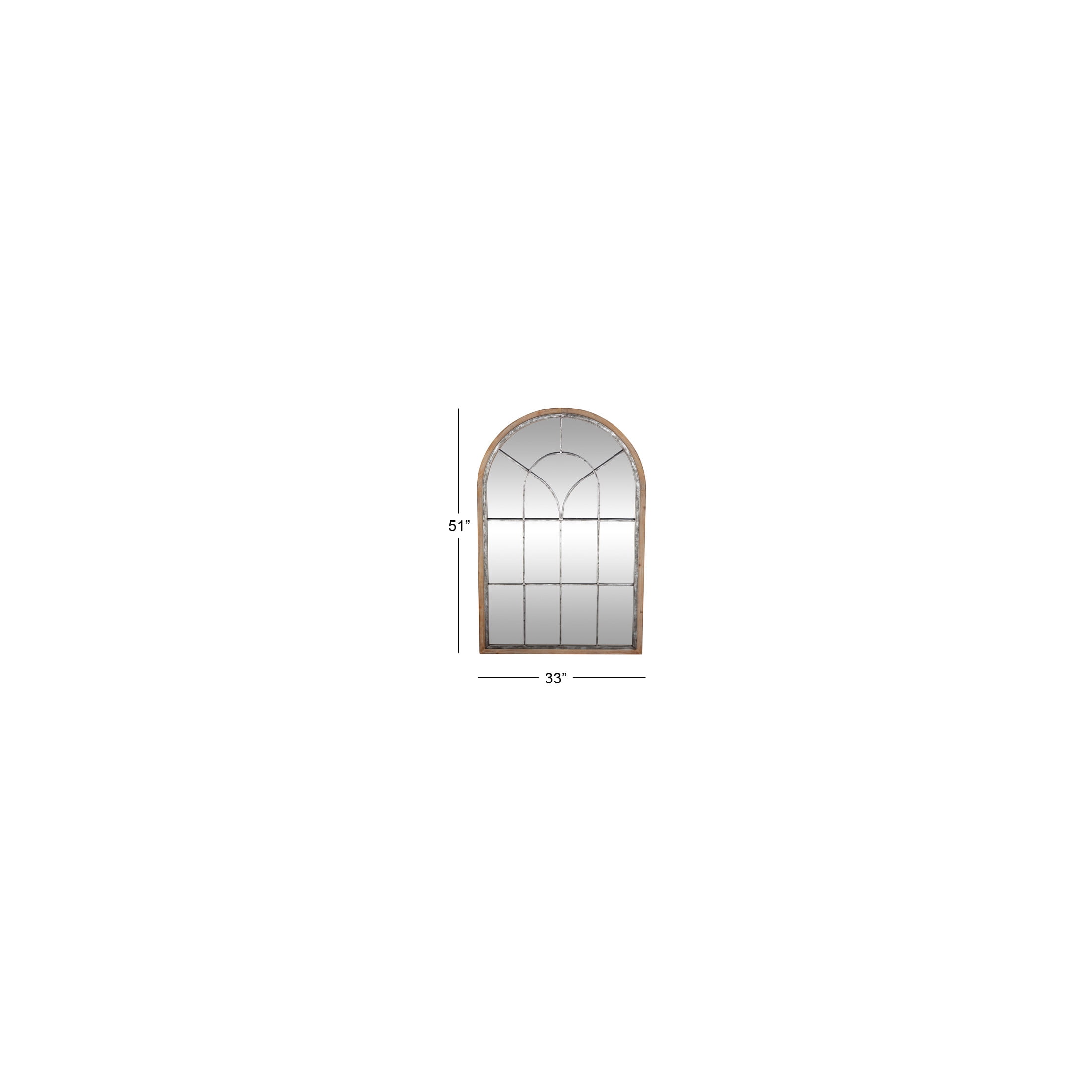 DecMode Farmhouse Glass Arched Window Pane Shape Wall Mirror with Distressed Brown/Whitewashed Finish, 33"W x 51"H