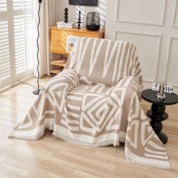 Boho Chair Sofa Cover Breathable Washable Chenille Couch Cover Thick Beige Cream White Armchair Cover Modern Plaid Triangle Sofa Slipcover Chair Cover with Arms Oversized Chair Sofa Cover