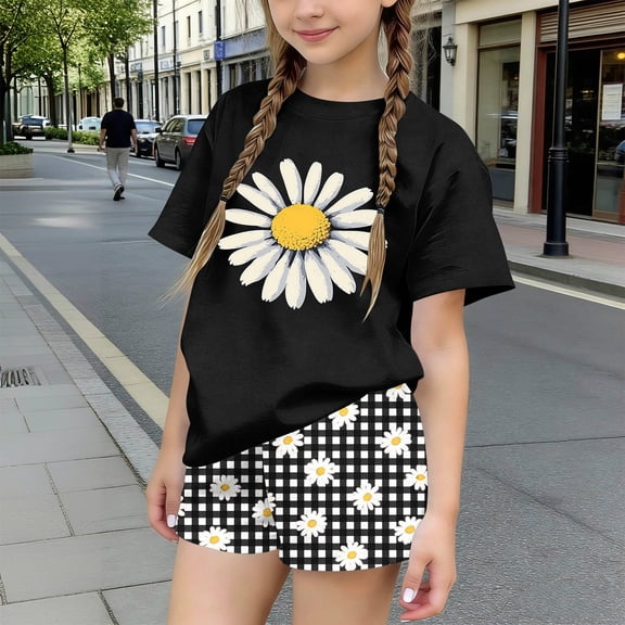 Cethrio Girls Summer Outfit Sets 2 Piece, Printed Short Sleeve Crew Neck Kids' Clothing Sets Black Size 14-16