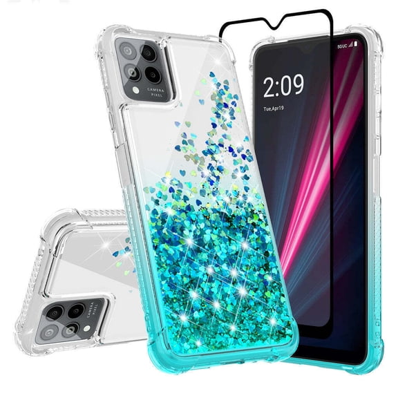 Compatible for T-Mobile REVVL 6 Pro 5G Case Liquid Quicksand Glitter Cute Phone Case Clear Bling Diamond Shock Protective Cover for Girls Women - Clear/Teal