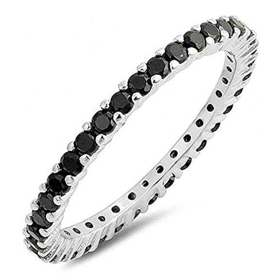 Round 2 mm Black Spinel Full Eternity Band Ring Stackable Ring 925 Sterling Silver Gemstone Jewelry For Women Gift