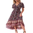 thumbnail image 2 of Robe Boho Longue d'Été pour Femmes à Manches Courtes V Cou Irrégulière Ourlet Cravate Robe Florale, 2 of 7