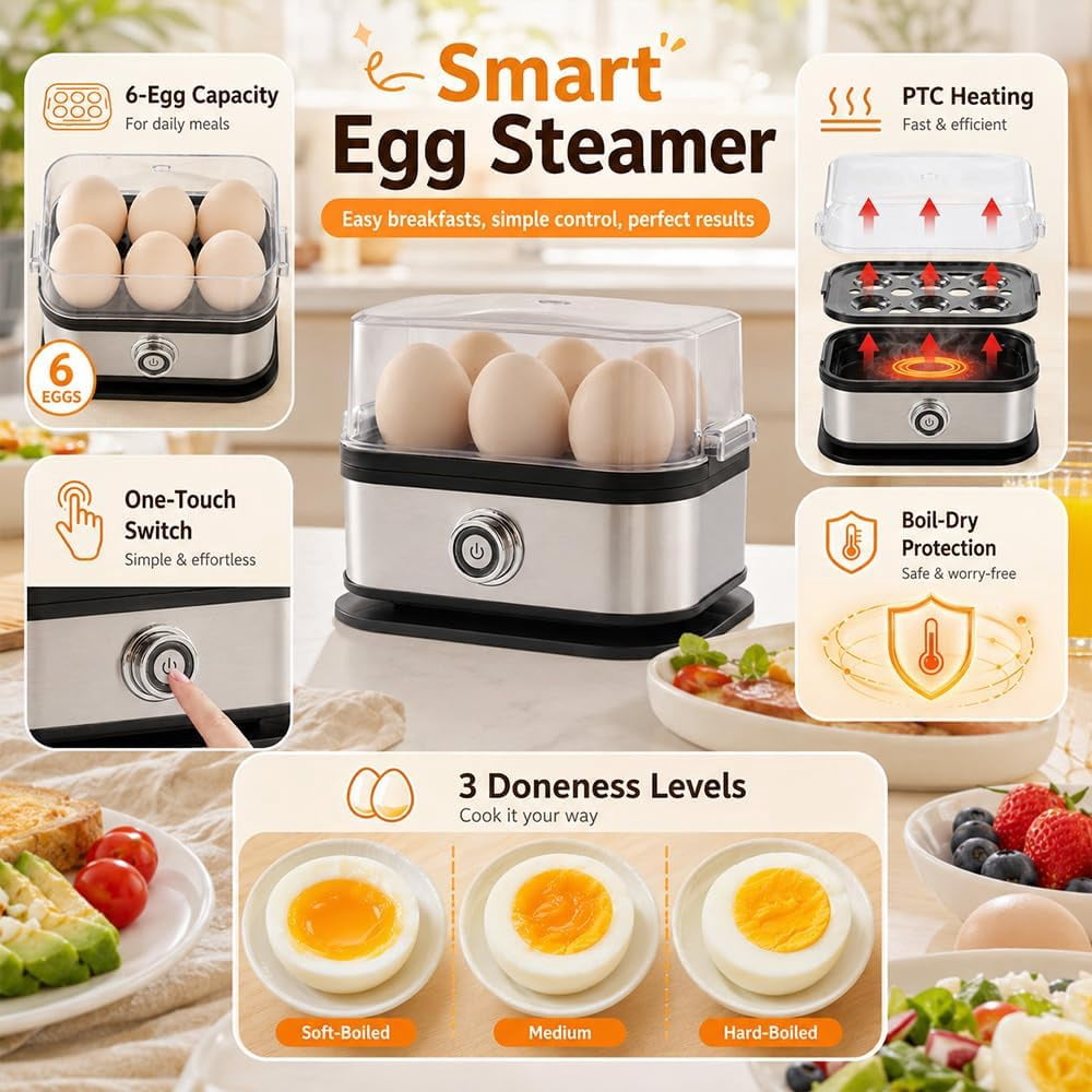Multifunctional Egg Steamer with Clear Lid, 2026 New compact stainless steel mini electric rapid egg cooker 6 egg capacity, Prevent Burning Out for Custom Egg Doneness Meal Prep (1pc)