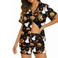 thumbnail image 3 of Kilaqueen Silk Satin Halloween Pajamas Women Fashion Notch Collar Sleepwear Comfy Fall Pajamas Women Button Up Shirts Wide Leg Shorts Pjs Loungewear, 3 of 5