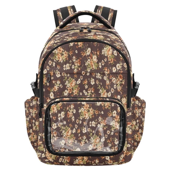 Qxltty Coffee Brown Ditsy Flower Backpack School Bookbag with Clear PVC Front Pocket, Laptop Compartment, Water Resistant Travel Daypack for Students
