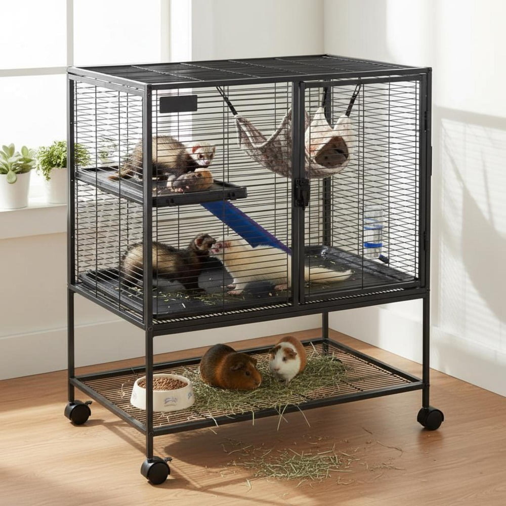 Rolling Metal Ferret Cage, 36 in, 2 Tiers, Ramps, Removable Tray, 1/2 in Wire Spacing for Small Pets