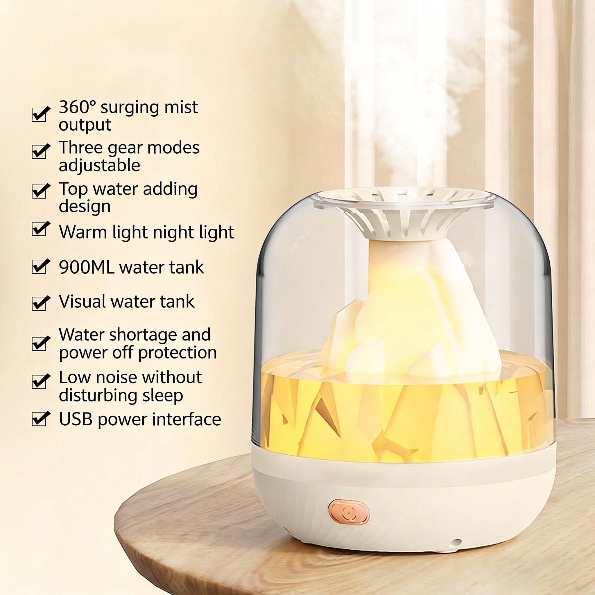 Portable Small Cool Mist Humidifier – USB Powered (Rechargeable), Compact Desktop Humidifier for Plants, Office, Baby Room – Night Light – Beige, 900ML