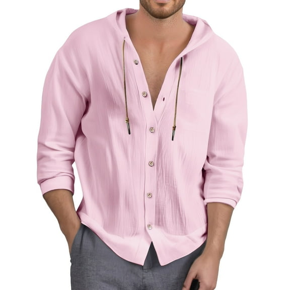 MIXUE Mens Casual Button Down Shirts Solid Color Stylish Pocket Hooded Long Sleeve Comfortable Shirt Tops Activewear,Pink,XL
