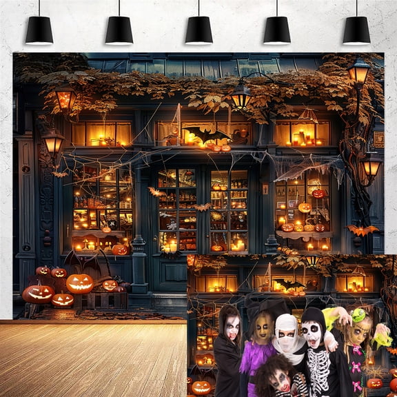 7x5ft Halloween Photography Backdrop Scary Night Spider Web Pumpkins Party Autumn Fall Maple Leaves Background Spooky Dilapidated House Bats Child Kids Halloween Party Decor Photoshoot Backdrops