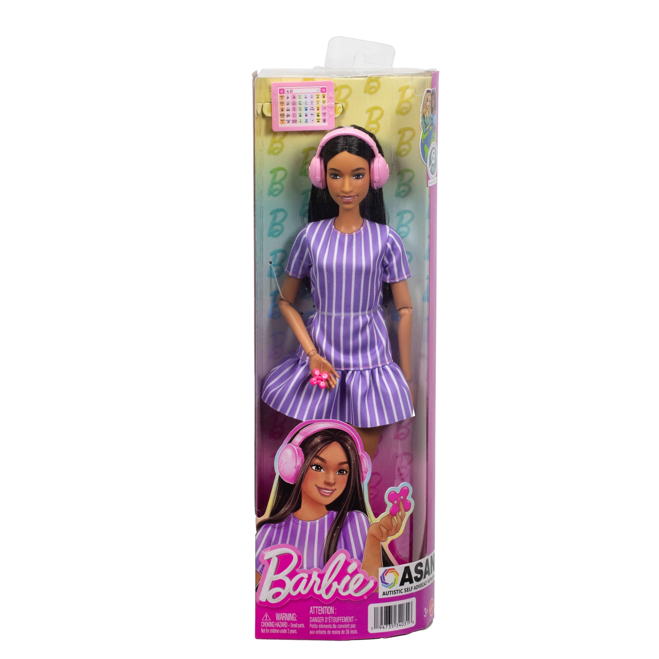 Barbie Fashionistas Doll #245 in Purple Striped Dress, Autistic Barbie with Accessories