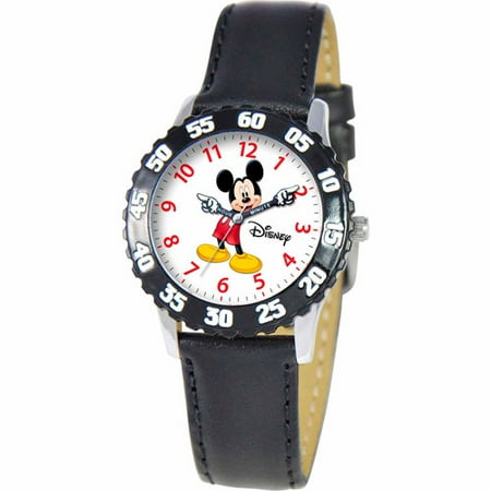 Disney Watches Kid's Mickey Time Teacher Watch in Black Leather with Black Bezel