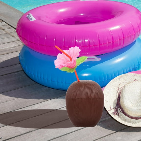 FELTECHELECTR 4Pcs Plastic Coconut Shape Tiki Cups with Straws for Hawaiian Party Bar