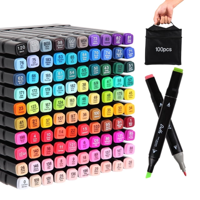 Juego de rotuladores con alcohol Kebuye, 100 colores, puntas dobles para arte