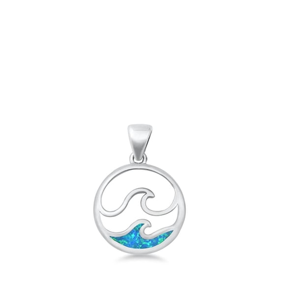 Sterling Silver Blue Simulated Opal Wave Pendant Beach Ocean Charm 925 New Jewelry Female Unisex
