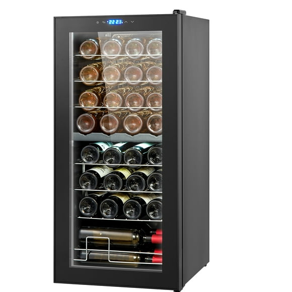 KFFKFF Wine Refrigerator, 32-Bottle Capacity, Dual Zone Temperature Control, Standalone Unit with Digital Settings, UV-Protected Tempered Glass Door, Ideal for Storing Red & White Wines in Home Bars