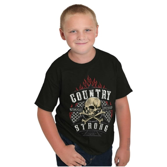 Country Strong Motorcycle Biker Skull Crewneck T Shirts Boy Girl Teen Brisco Brands S
