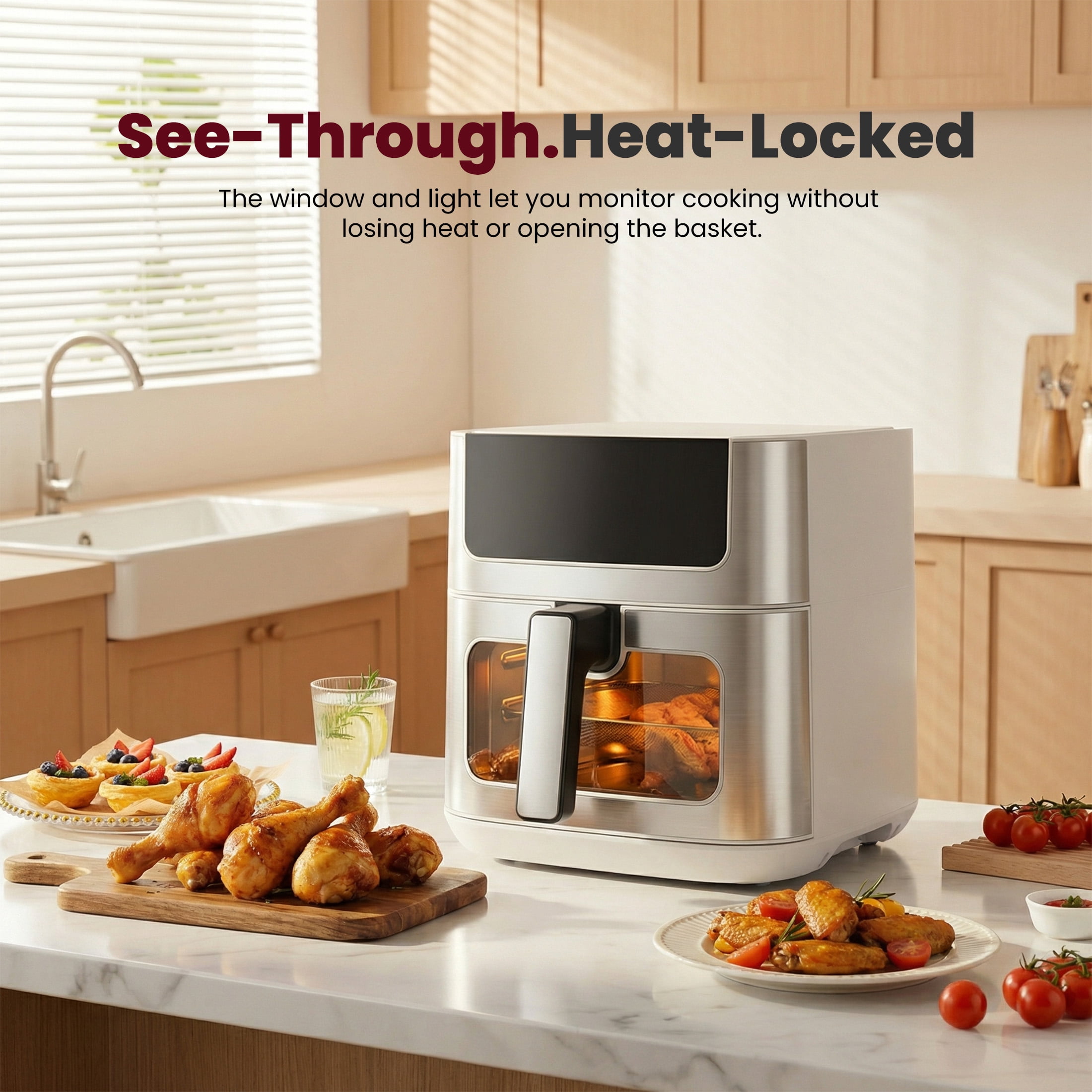 EDX 6QT Stainless Steel Air Fryer with Digital Touchscreen, 1500W, 8 Presets, Dishwasher Safe Basket, 90 Min Timer, 24H Delay Start, White