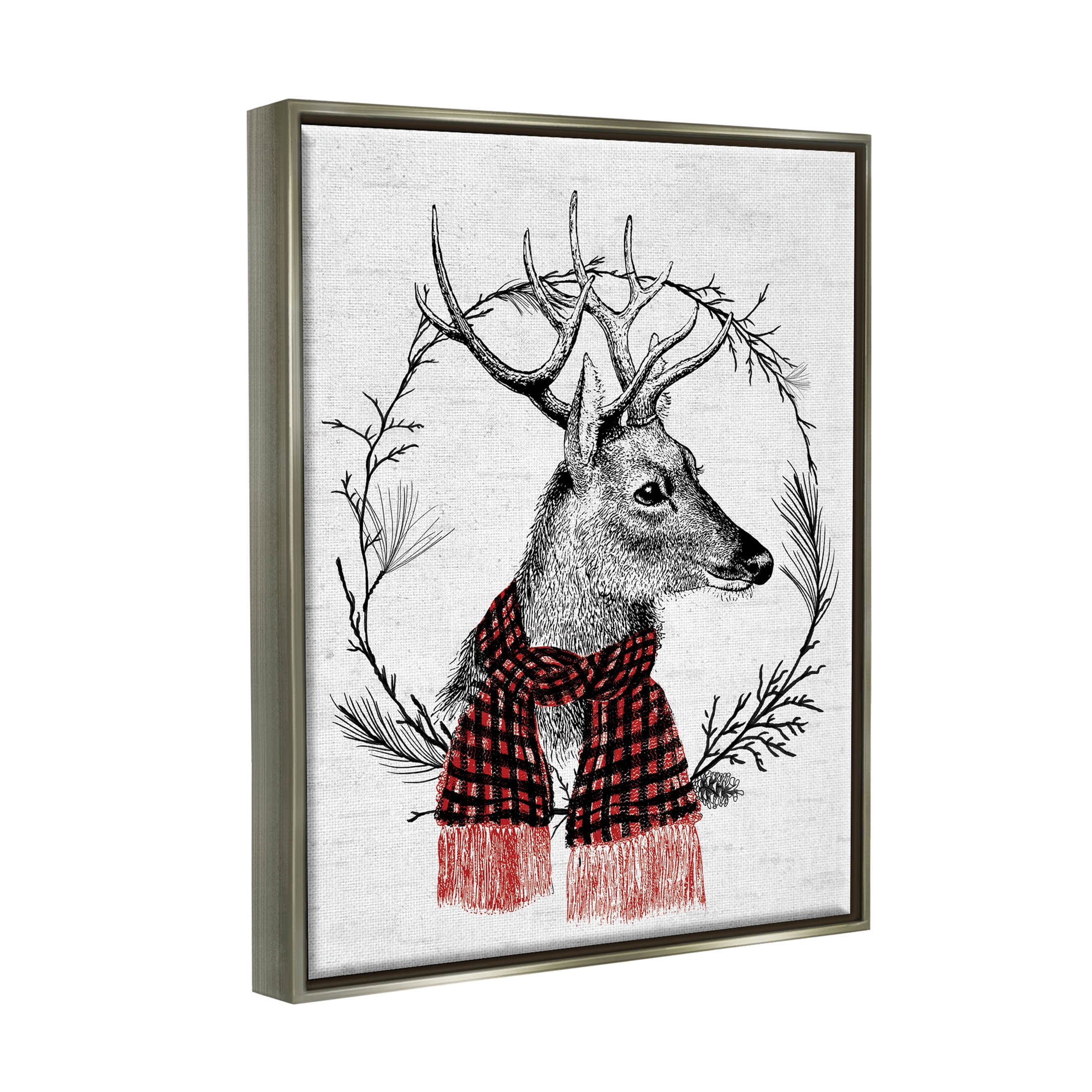 Stupell Industries Deer Winter Botanical Wreath Graphic Art Luster Gray Floating Framed Canvas Print Wall Art, Design by Lettered and Lined