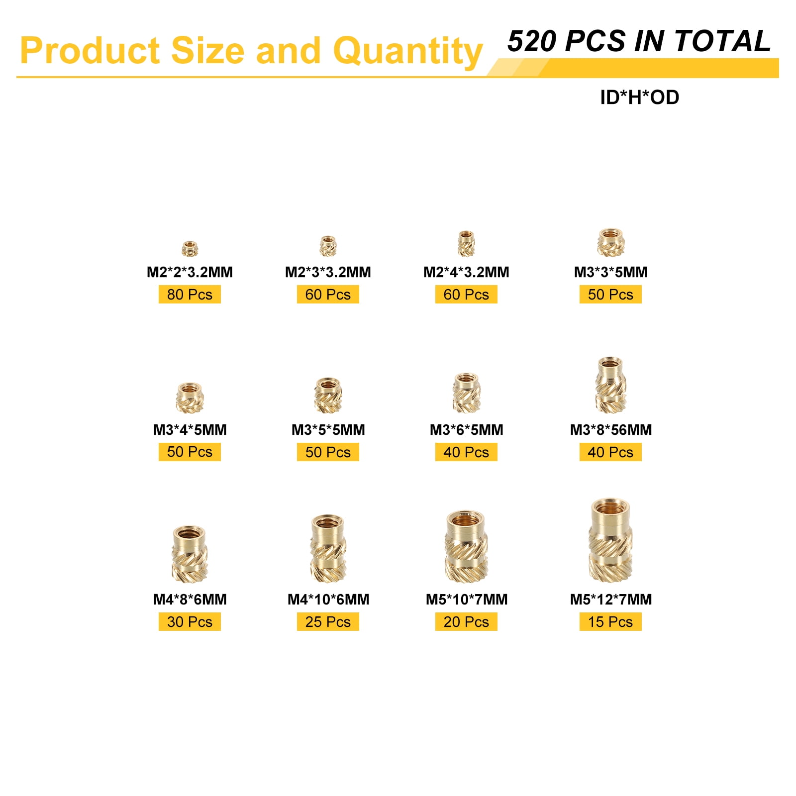 Uxcell 520pcs M2 M3 M4 M5 Metric Threaded Inserts Brass Heat Set Insert Knurled Nuts Assortment Kit, 3D Printing Brass Nuts Female Threaded Inserts Nuts with Heat Set Insert Tips