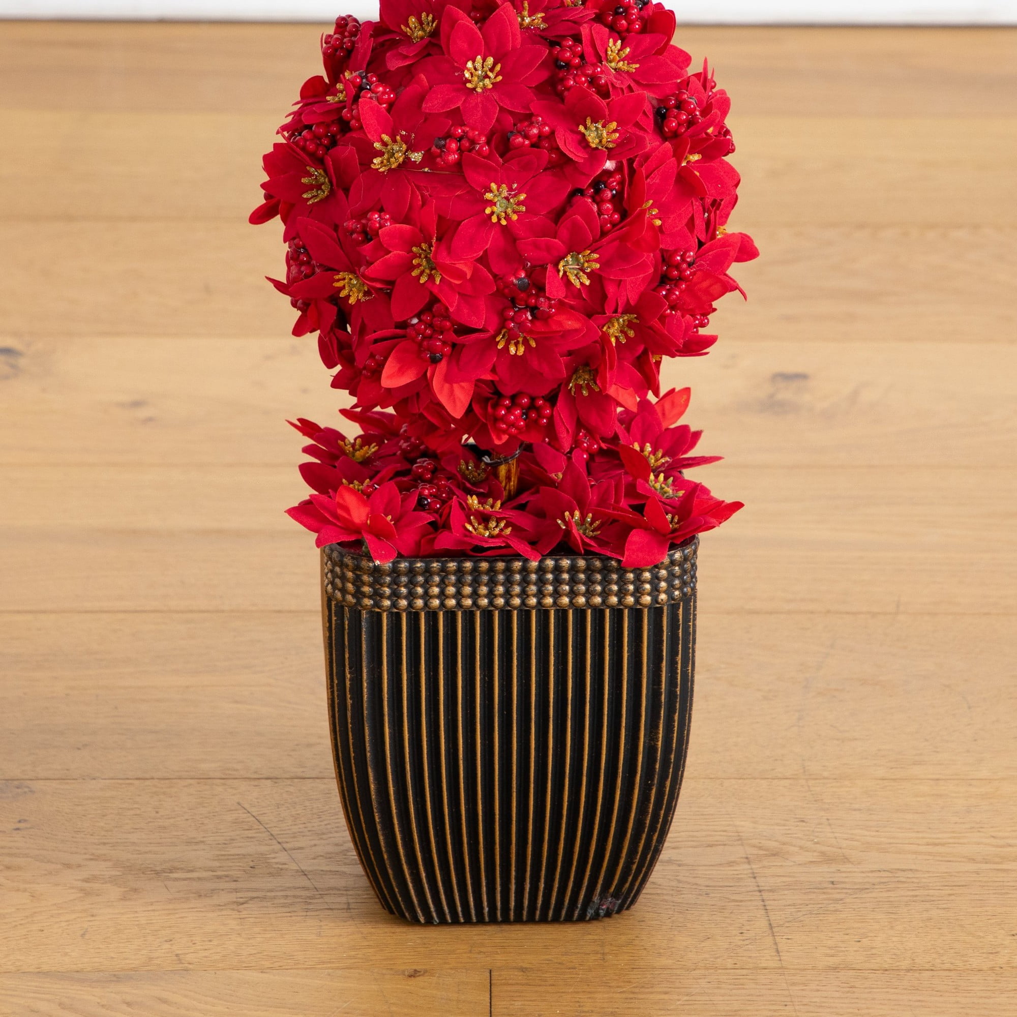 31in. Pre-Lit Artificial Christmas Poinsettia Triple Ball Topiary Tree with 45 LED Lights in Decorative Planter