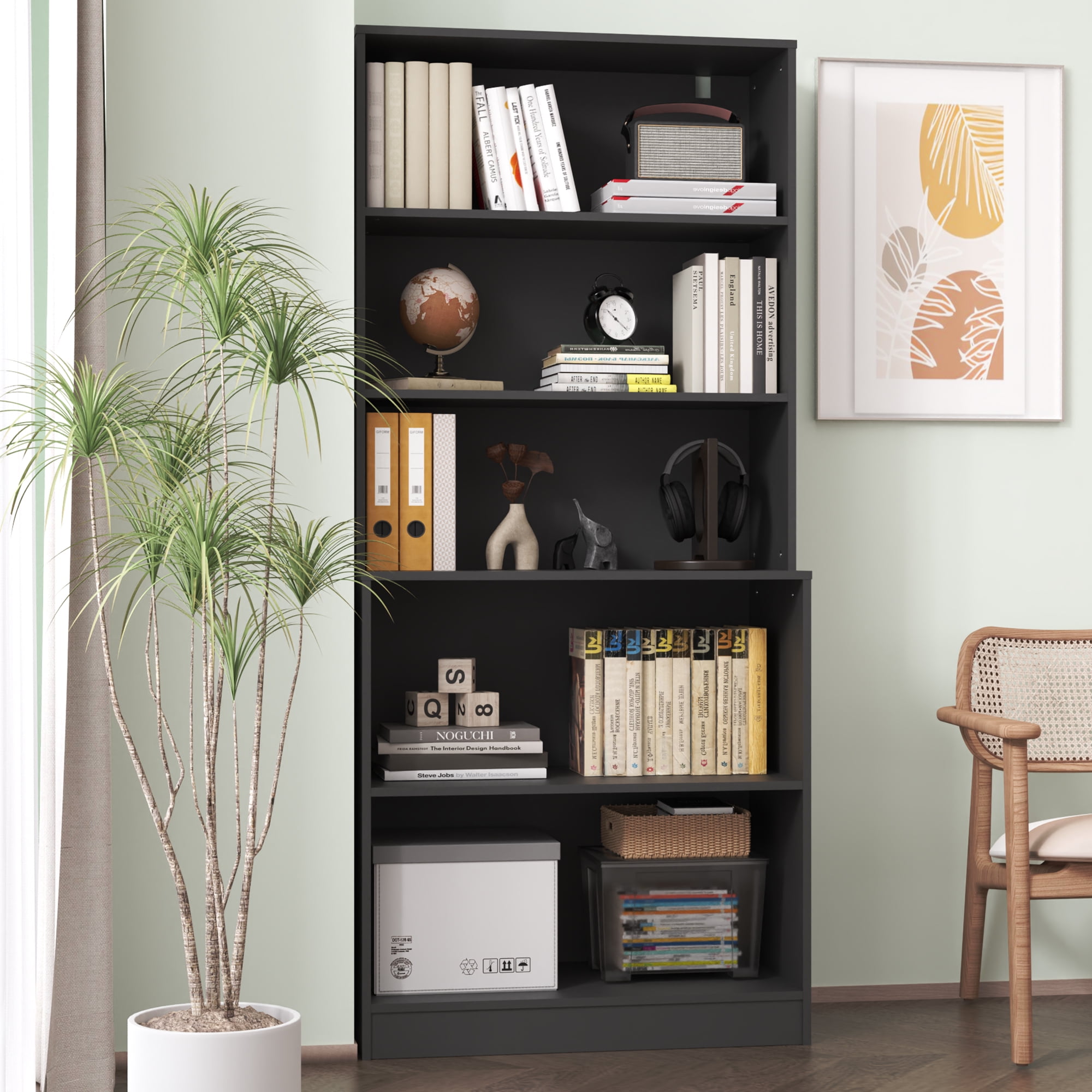 DIYART Black 71" Tall Bookcase, 5 Tier Large Bookshelf, Standing Wood Display Book Shelf for Living Room, Office, Library